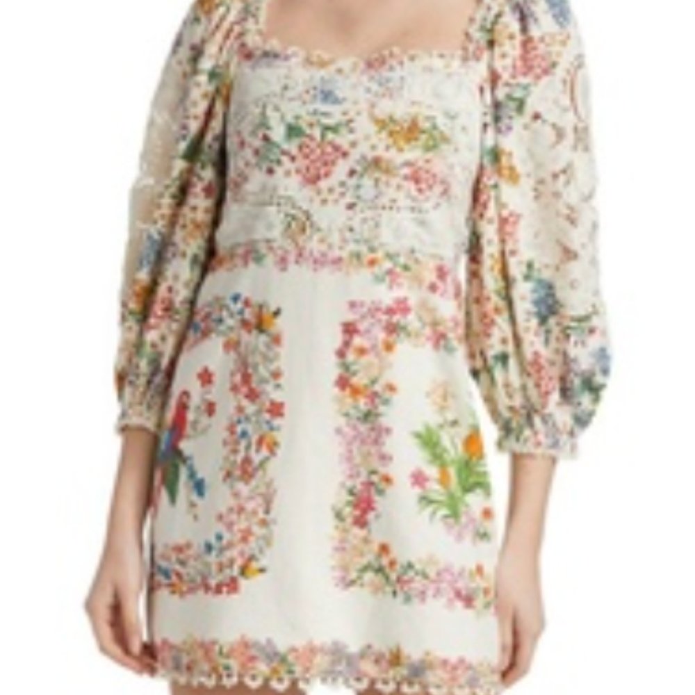 Farm Rio Delicate Forest Scarves Billowy-Sleeve Embroidered Mini